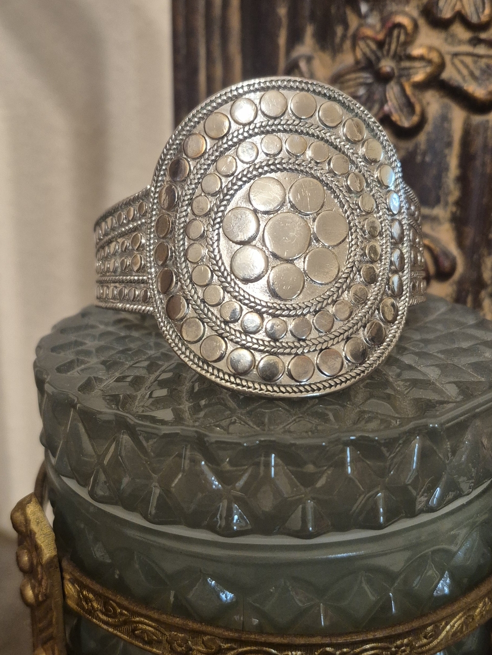 Source Unknown Silver-Tone Circular Dot Motif Cuff Bracelet/Boho Style